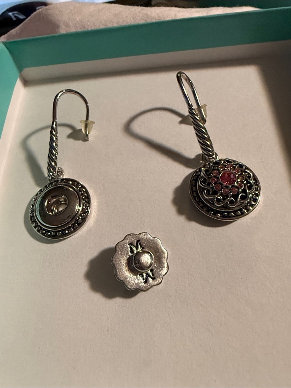 Silver and Pink Filigree Drop Earrings and Stud Set - Women's Jewelry